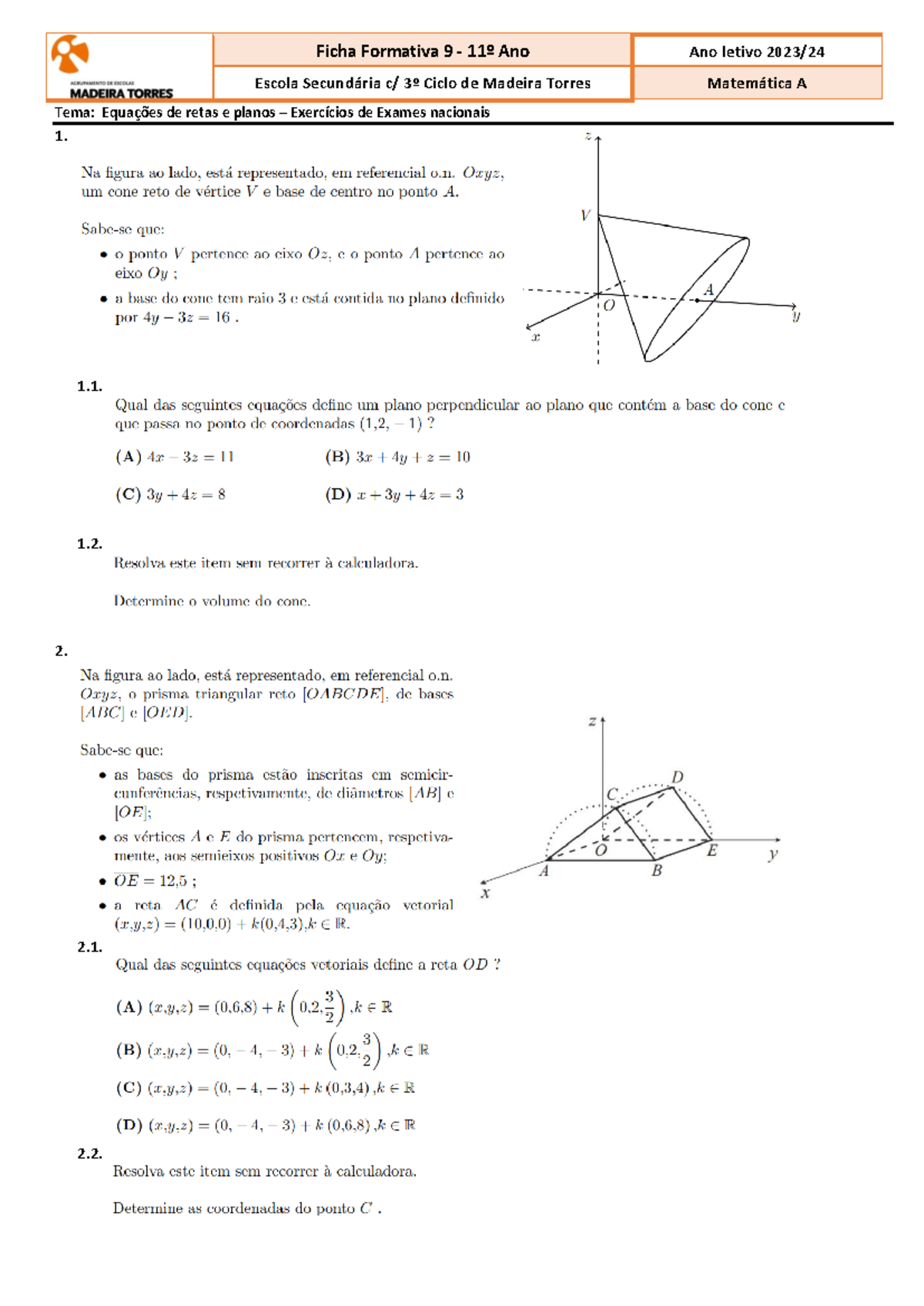 23-24 FF9 (equações de retas e planos - ex. exame) 11 - Matemática ...