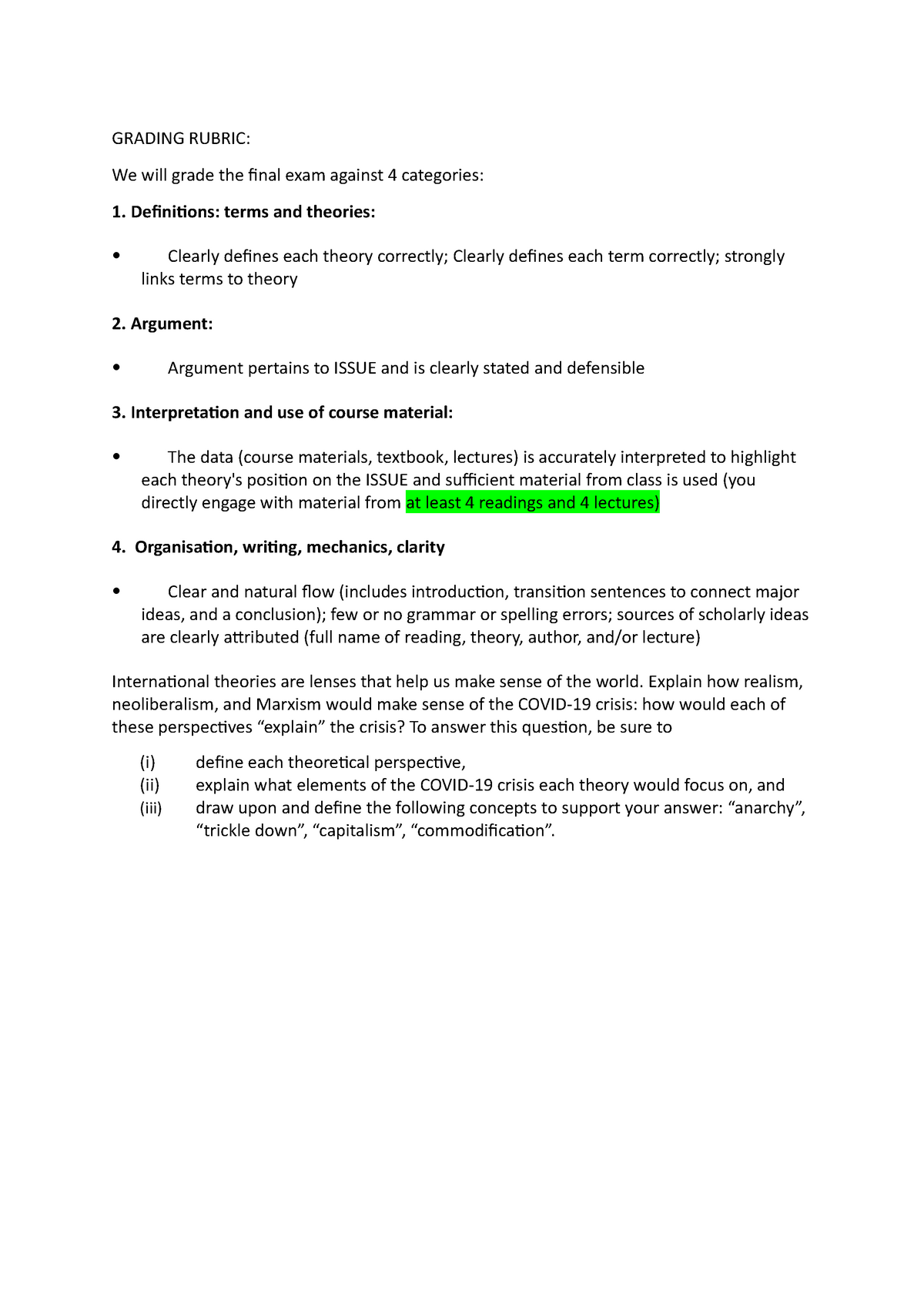 GOVT1621 Rubric - GRADING RUBRIC: We will grade the final exam against ...