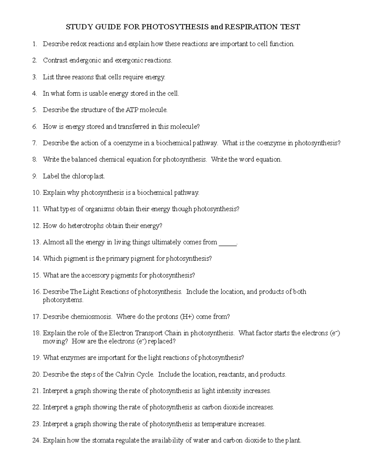 Photosynthesis Respiration Study Guide 2021 - STUDY GUIDE FOR ...