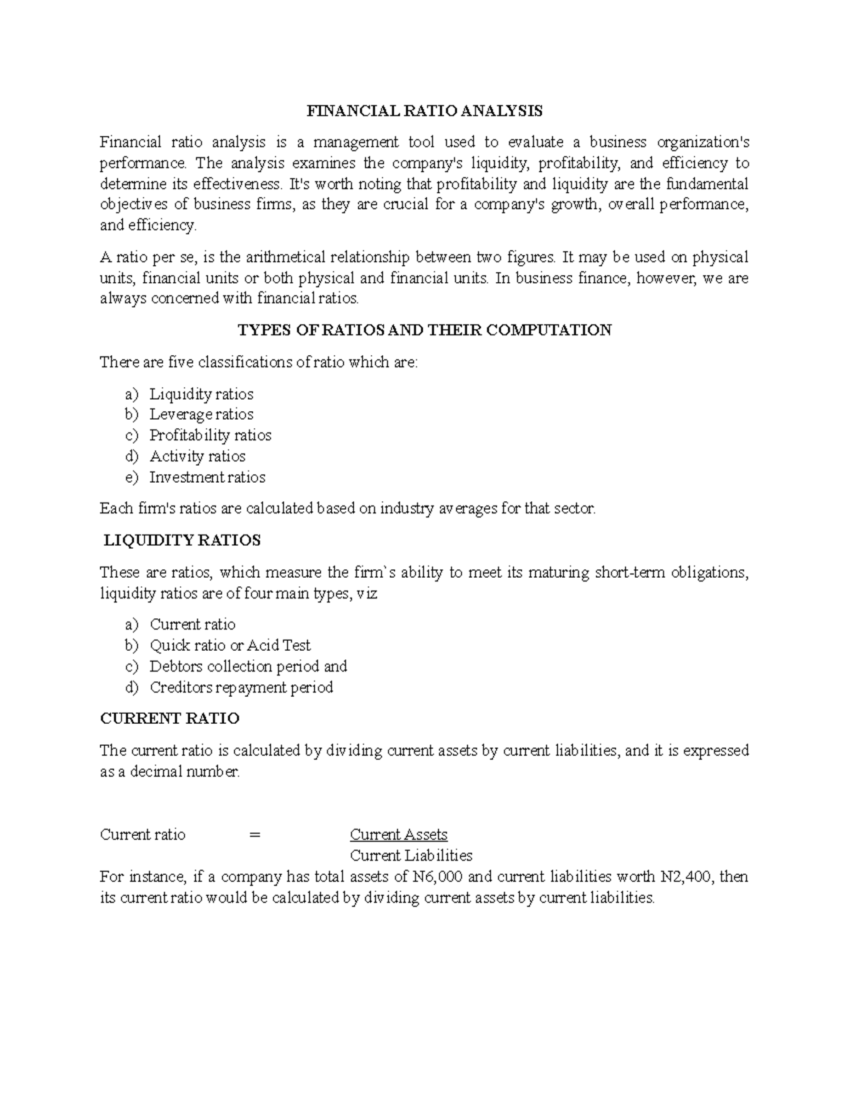Financial Ratio Analysis - FINANCIAL RATIO ANALYSIS Financial ratio ...