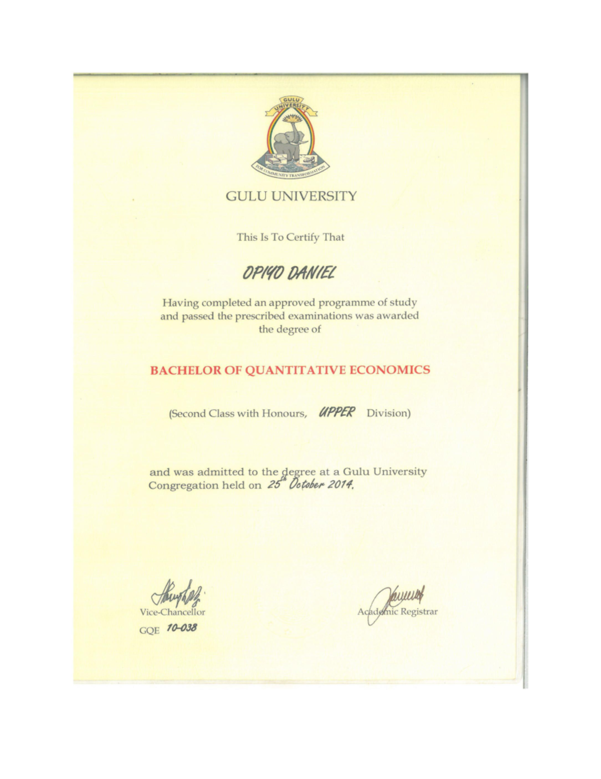 Academic Transcripts AND Certificates - GULU UNIVERSITY This Is To ...