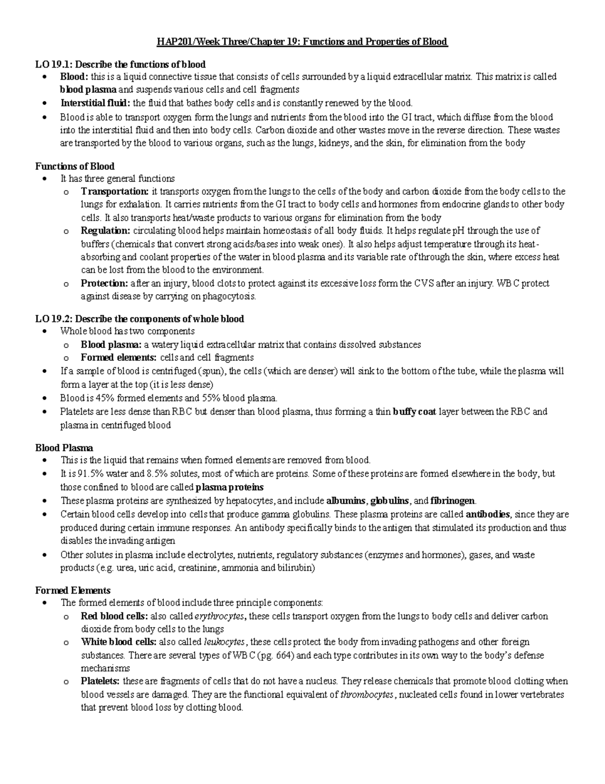 Final Exam Guide - 19: Functions and Properties of Blood LO 19 ...