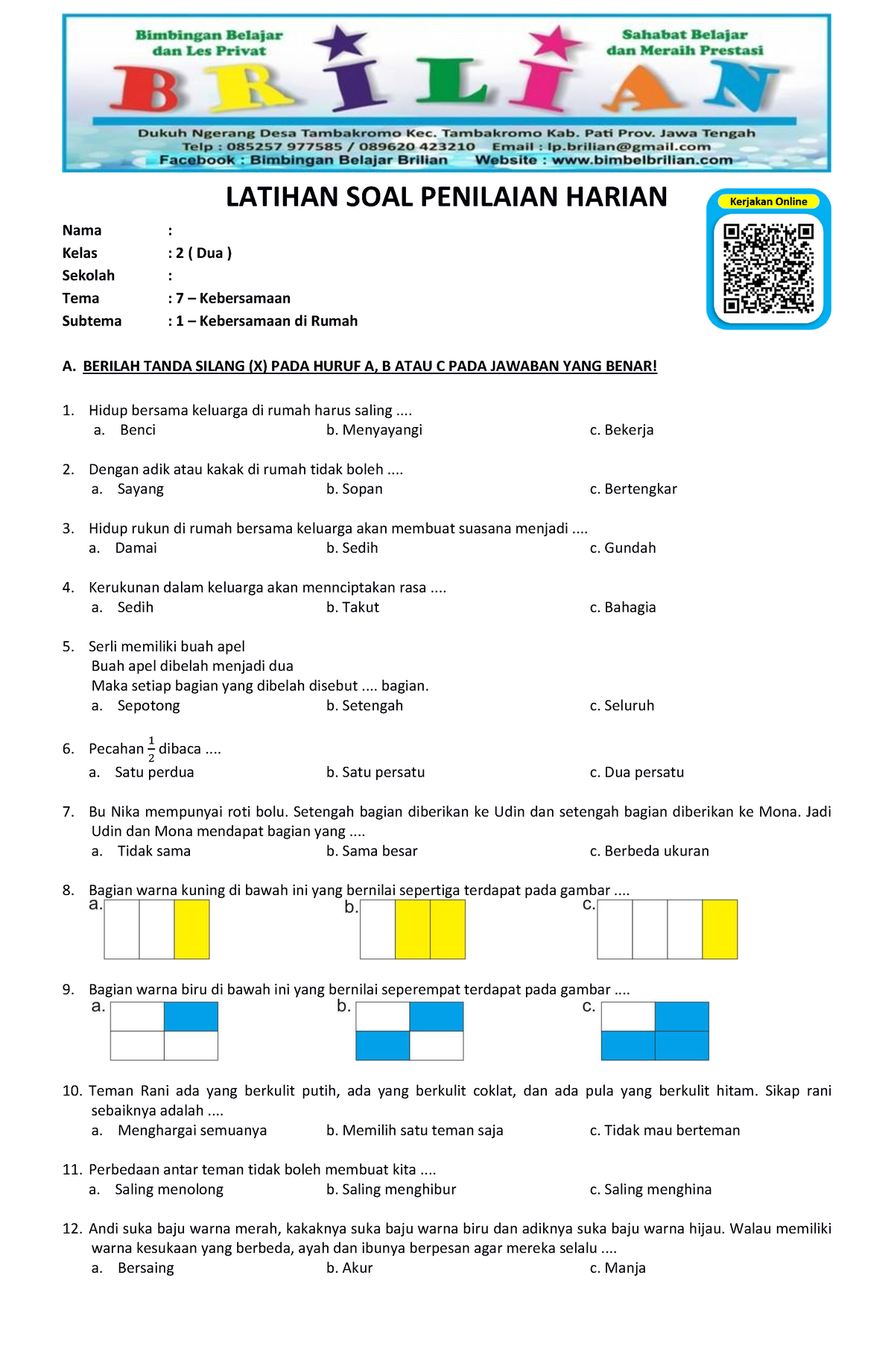 Soal Tematik Kelas 2 SD Tema 7 Subtema 1 Kebersamaan Di Rumah Dan Kunci ...