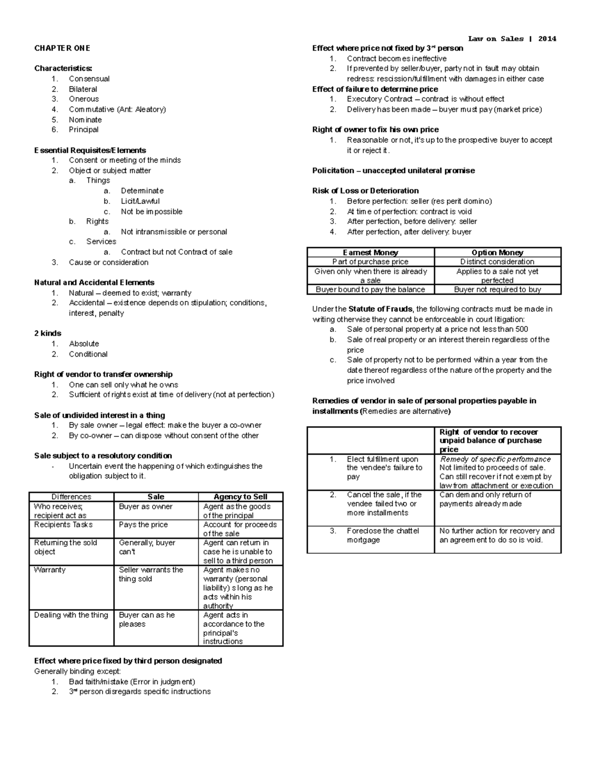 Chapter 1 to 6 - Law on Sales - CHAPTER ONE Characteristics: 1 ...