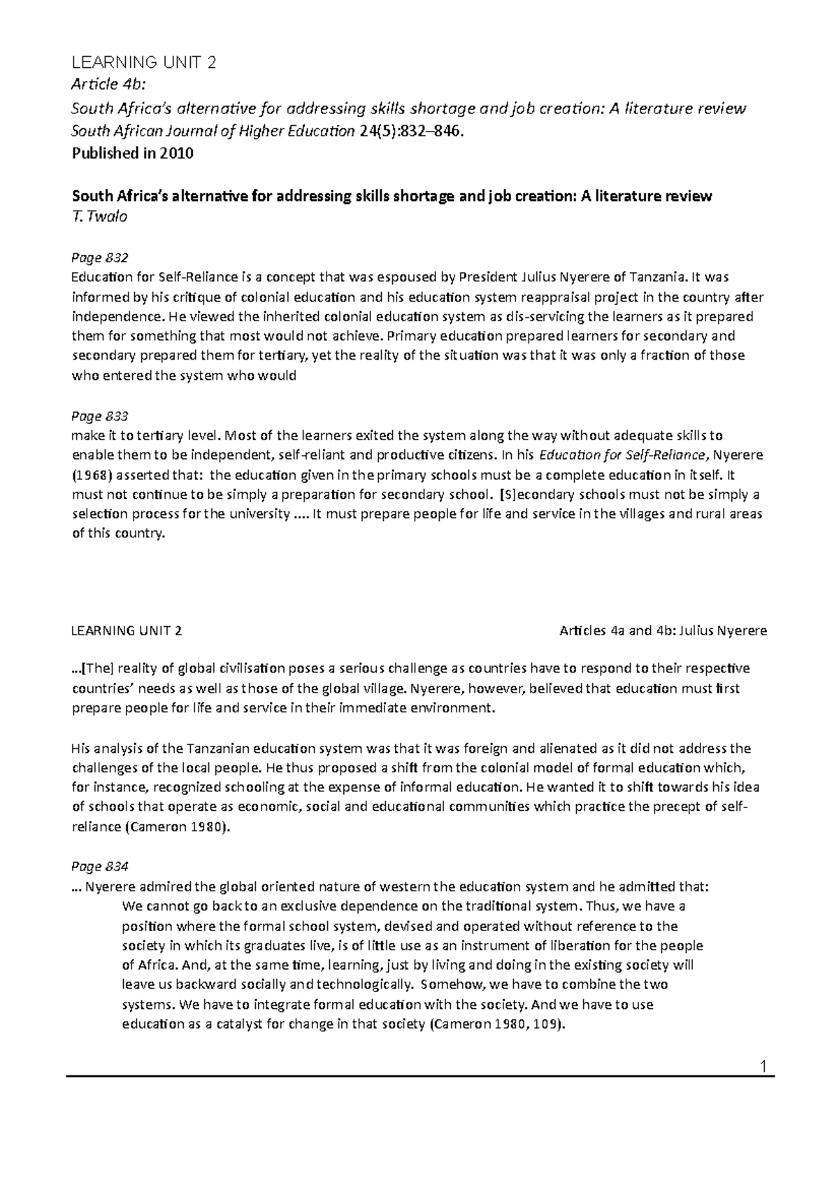 Articles and Worksheet 5 - LEARNING UNIT 2 Article 4b: South Africa’s ...
