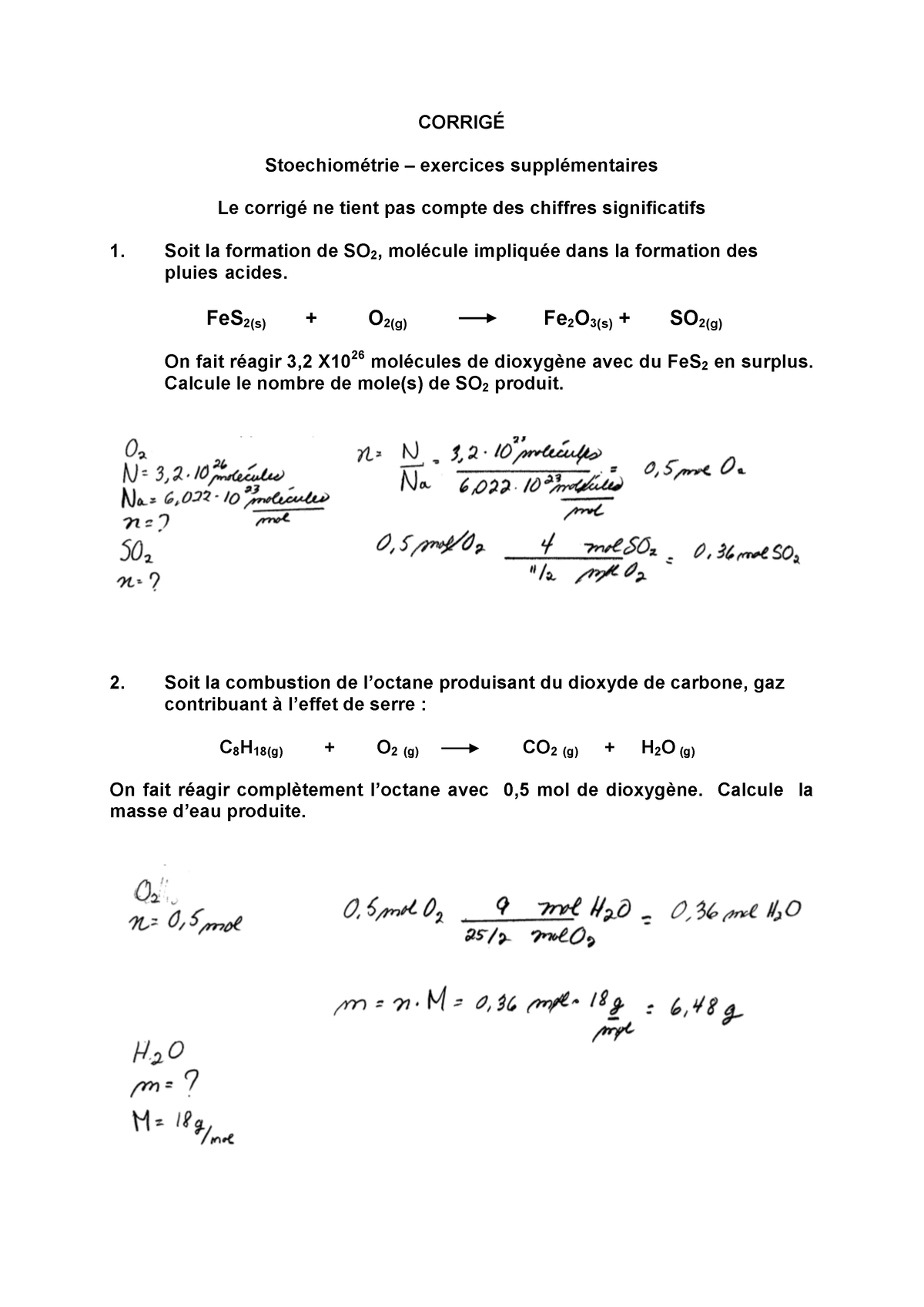 Corrige Stoechio Exercices Supp Corrig Stoechiom Trie Exercices Suppl Mentaires Le Corrig