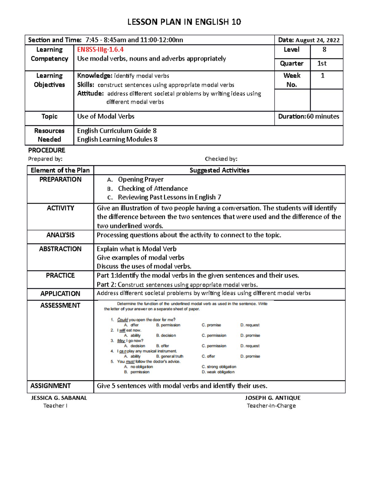 Lesson plan in English 8 - LESSON PLAN IN ENGLISH 10 Section and Time ...