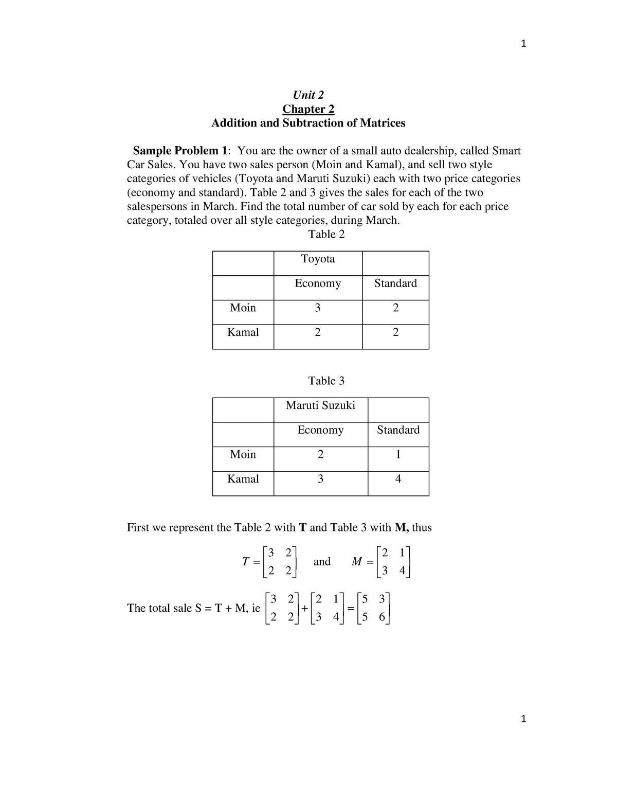 Unit 2 Chapter 2 (Addition and Subtraction of Matrix) Unit 2 Chapter