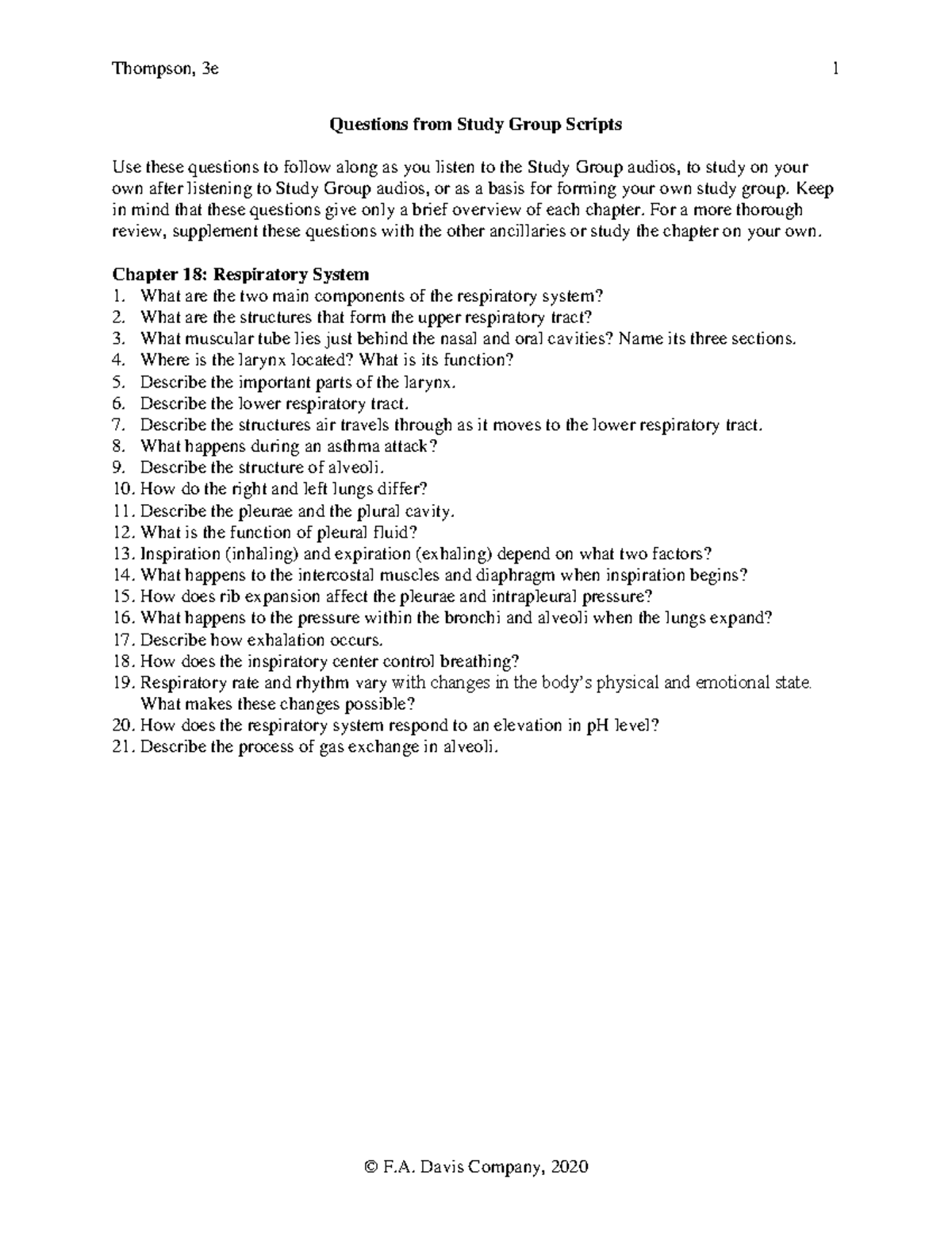 Ch18 Study Group Questions - Thompson, 3e 1 © F. Davis Company, 2020 ...