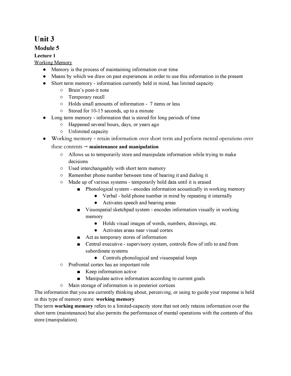 Psyc 204 Unit 3 Notes - Unit 3 Module 5 Lecture 1 Working Memory Memory 