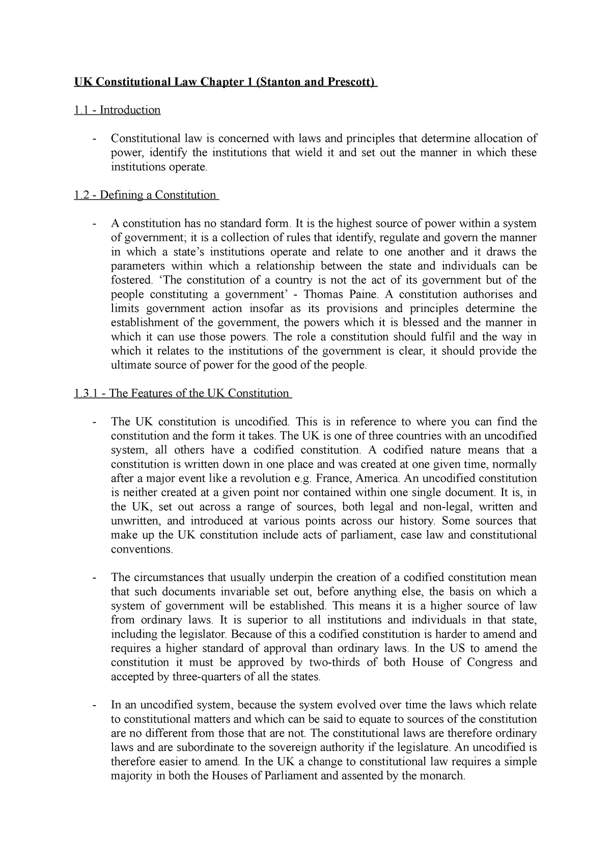 UK Constitutional Law Chapter 1 - 1 - Defining A Constitution A ...