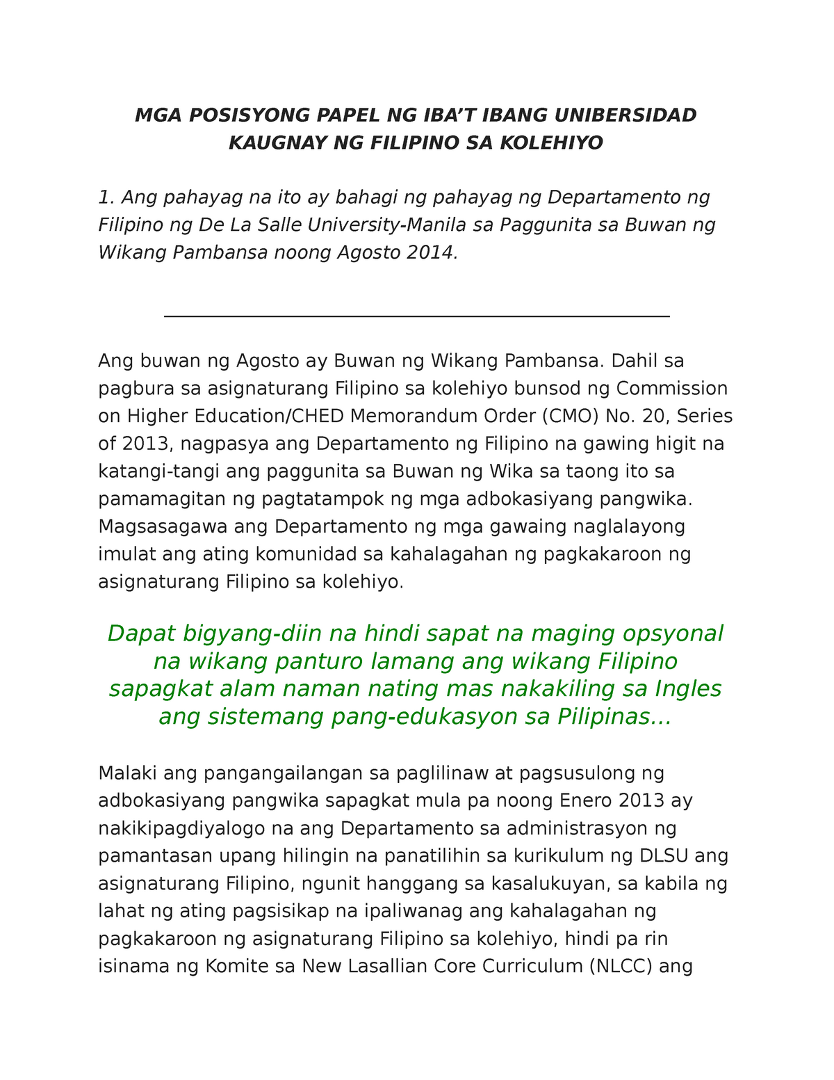 Pananaliksik Tungkol Sa Kahalagahan Ng Asignaturang Filipino - Mobile