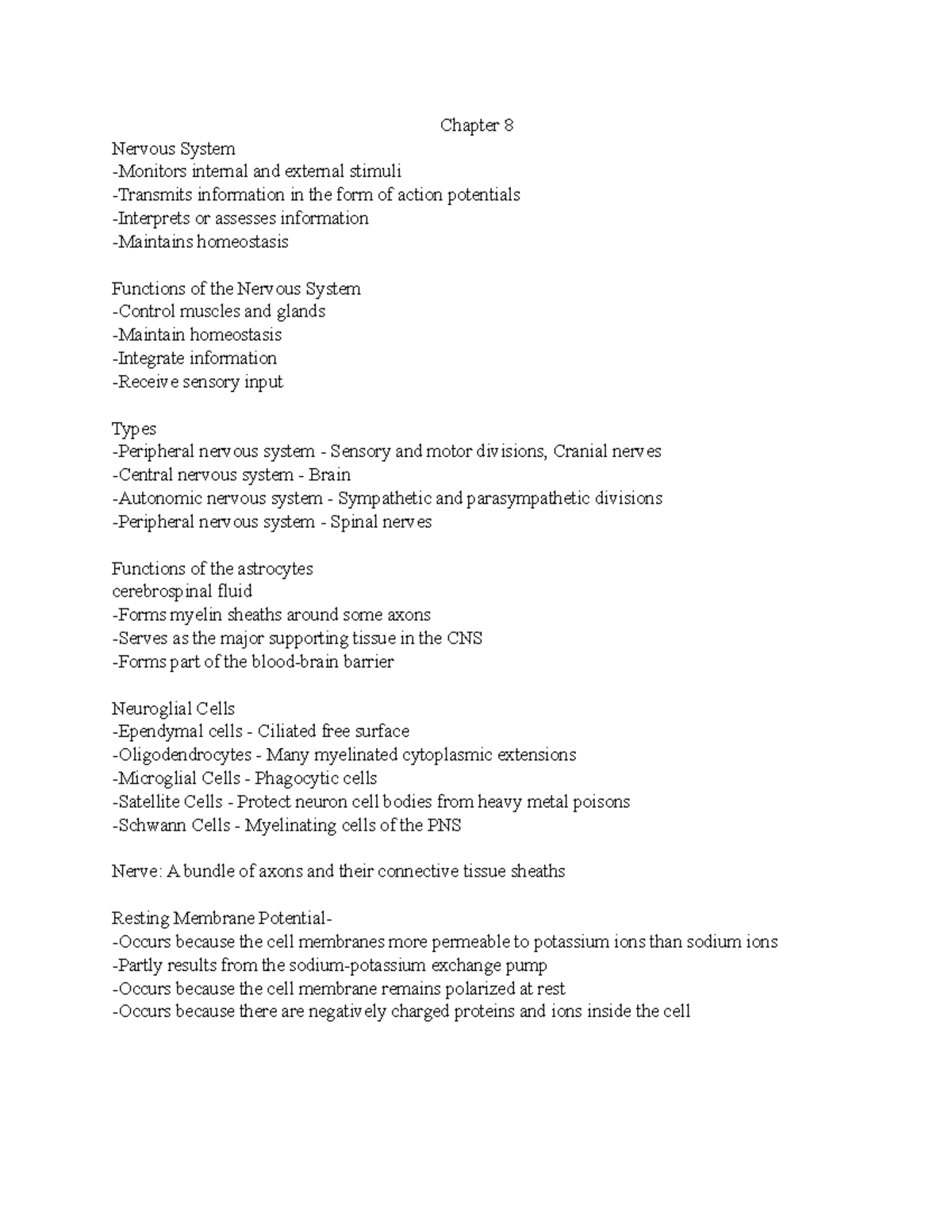 Ch 8&9 Nervous System - Lecture notes 8-9 - Chapter 8 Nervous System ...