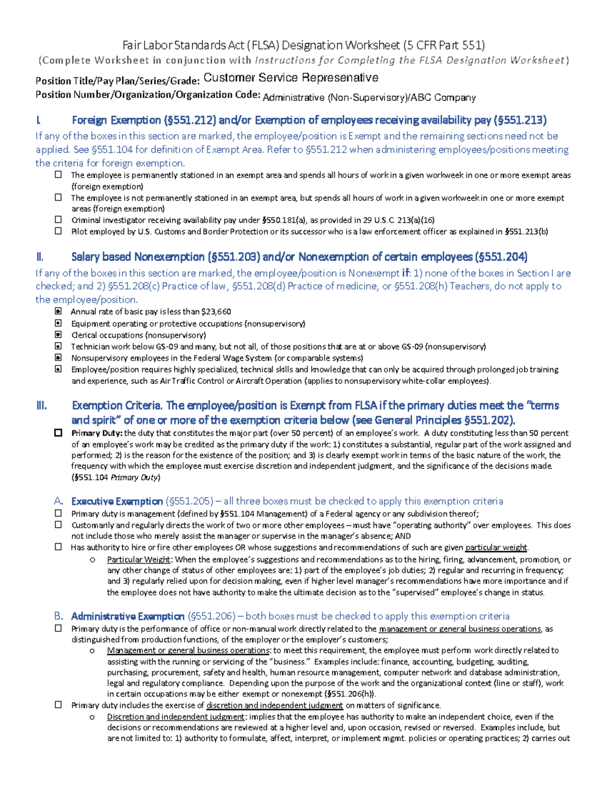 MHworksheet - klyjvjbhnmhjghi - Fair Labor Standards Act (FLSA) Designation  Worksheet (5 CFR Part - Studocu