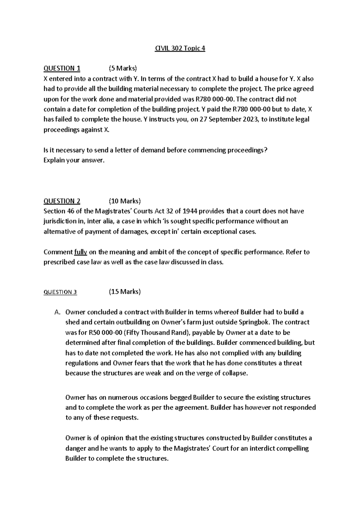 Topic+4+questions - Noted magic - CIVIL 302 Topic 4 QUESTION 1 (5 Marks ...