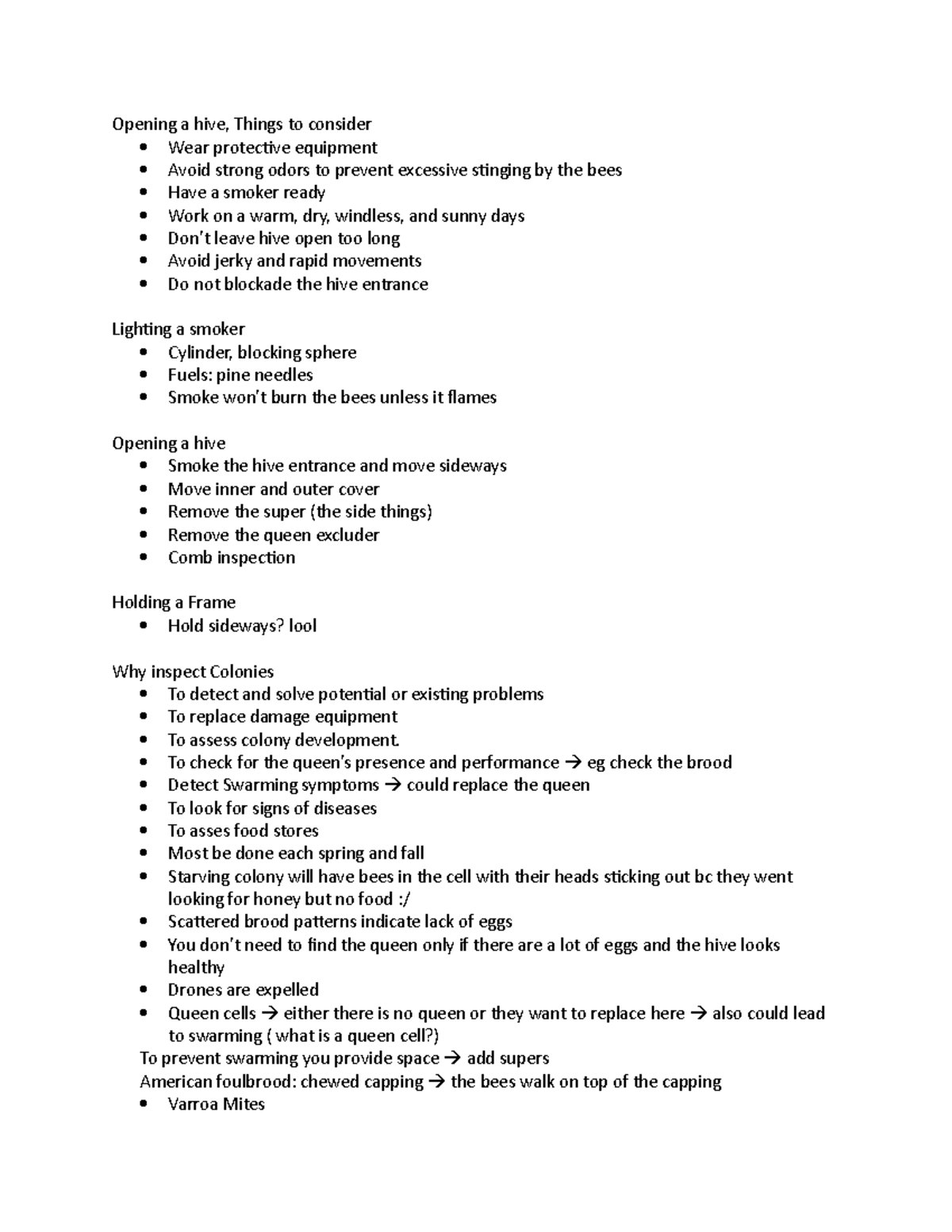 Honey bee Oct 19 - Lecture Notes - Opening a hive, Things to consider ...