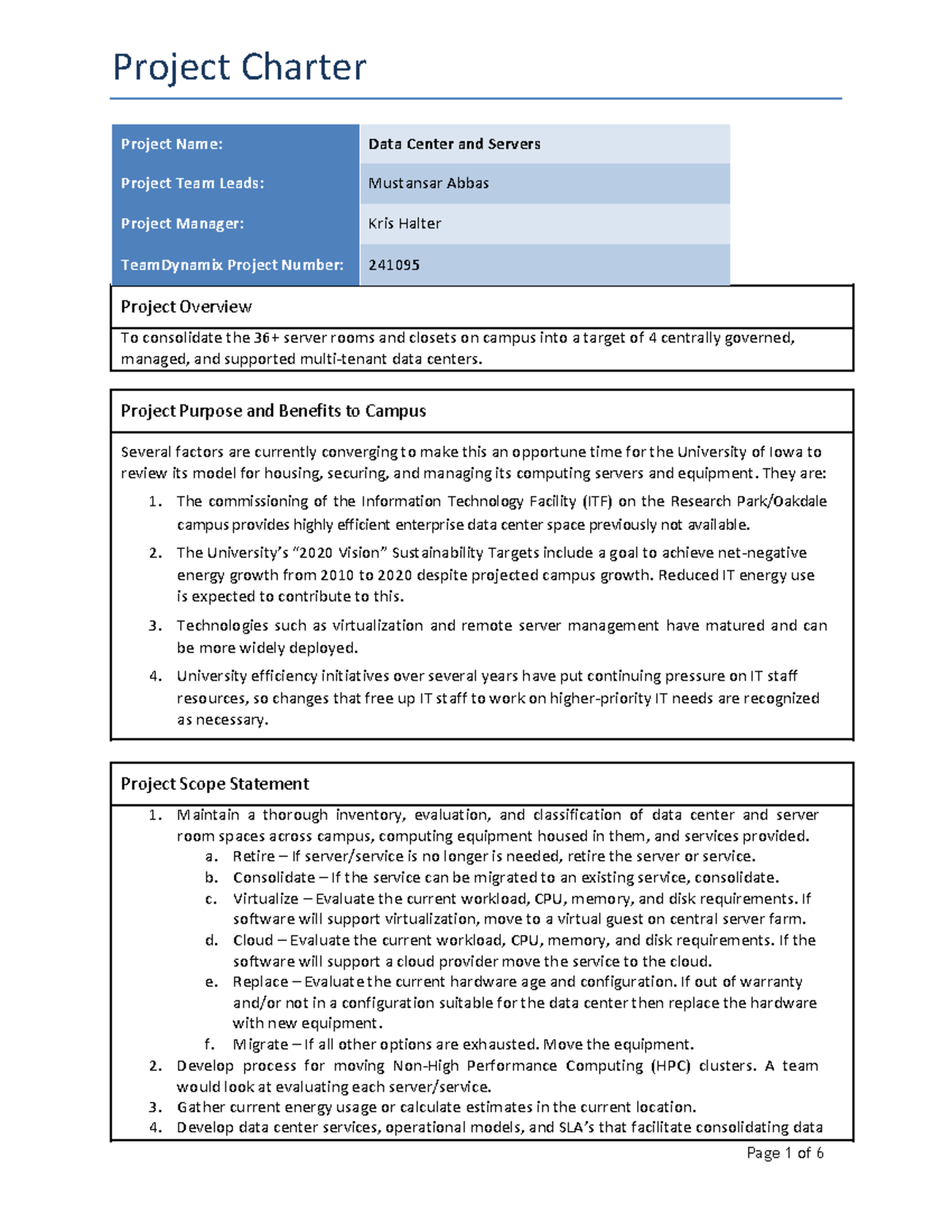 Project Charter - very nice - Project Name: Data Center and Servers ...