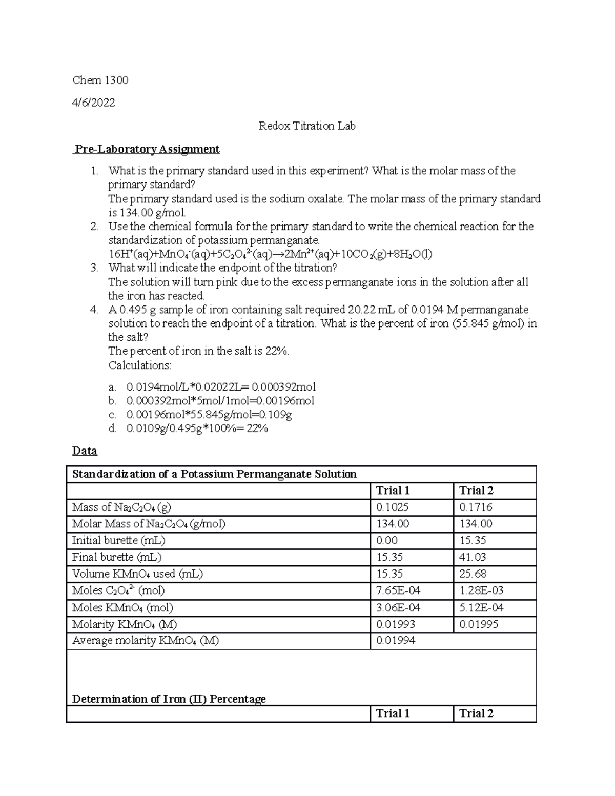 Redox titration Chem 1300 4/6/ Redox Titration Lab PreLaboratory