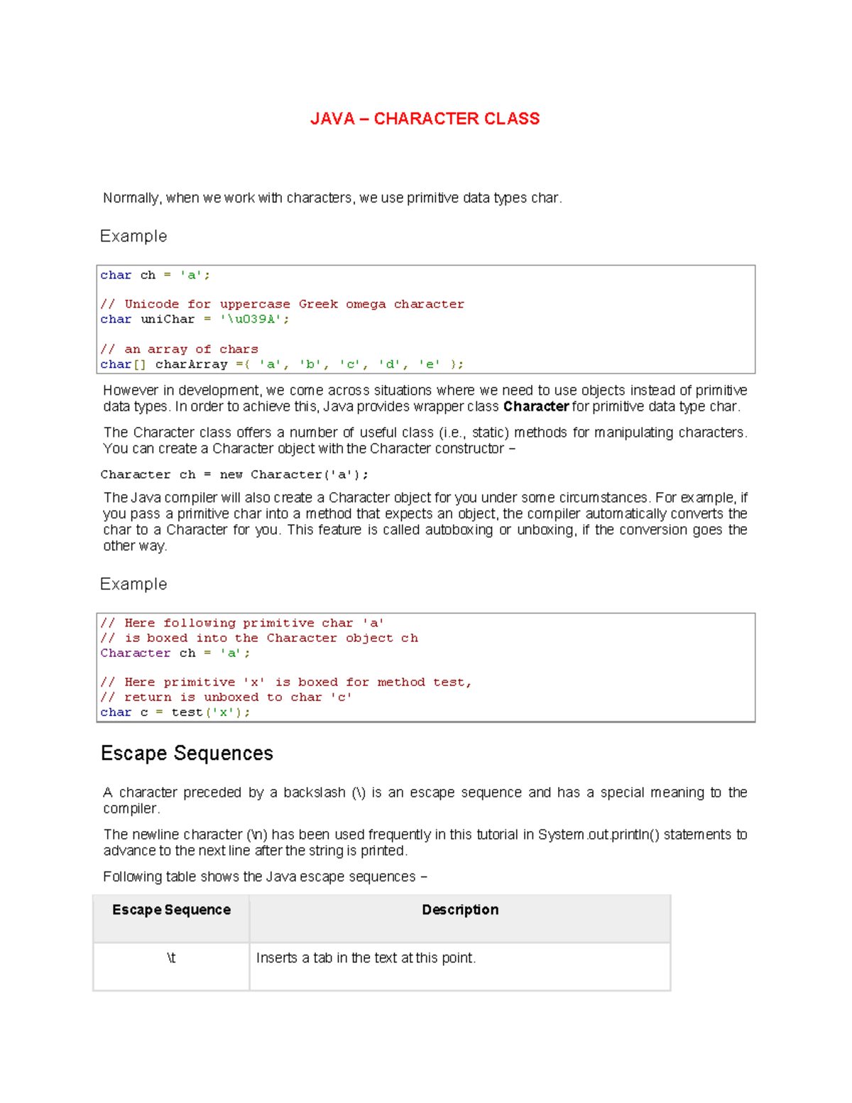 JAVA10- Character - JAVA – CHARACTER CLASS Normally, when we work with ...