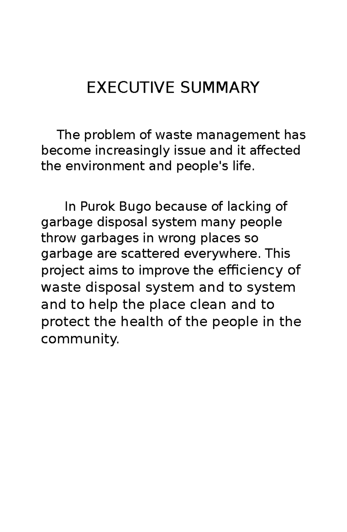 Executive Summary about project proposal EXECUTIVE SUMMARY The