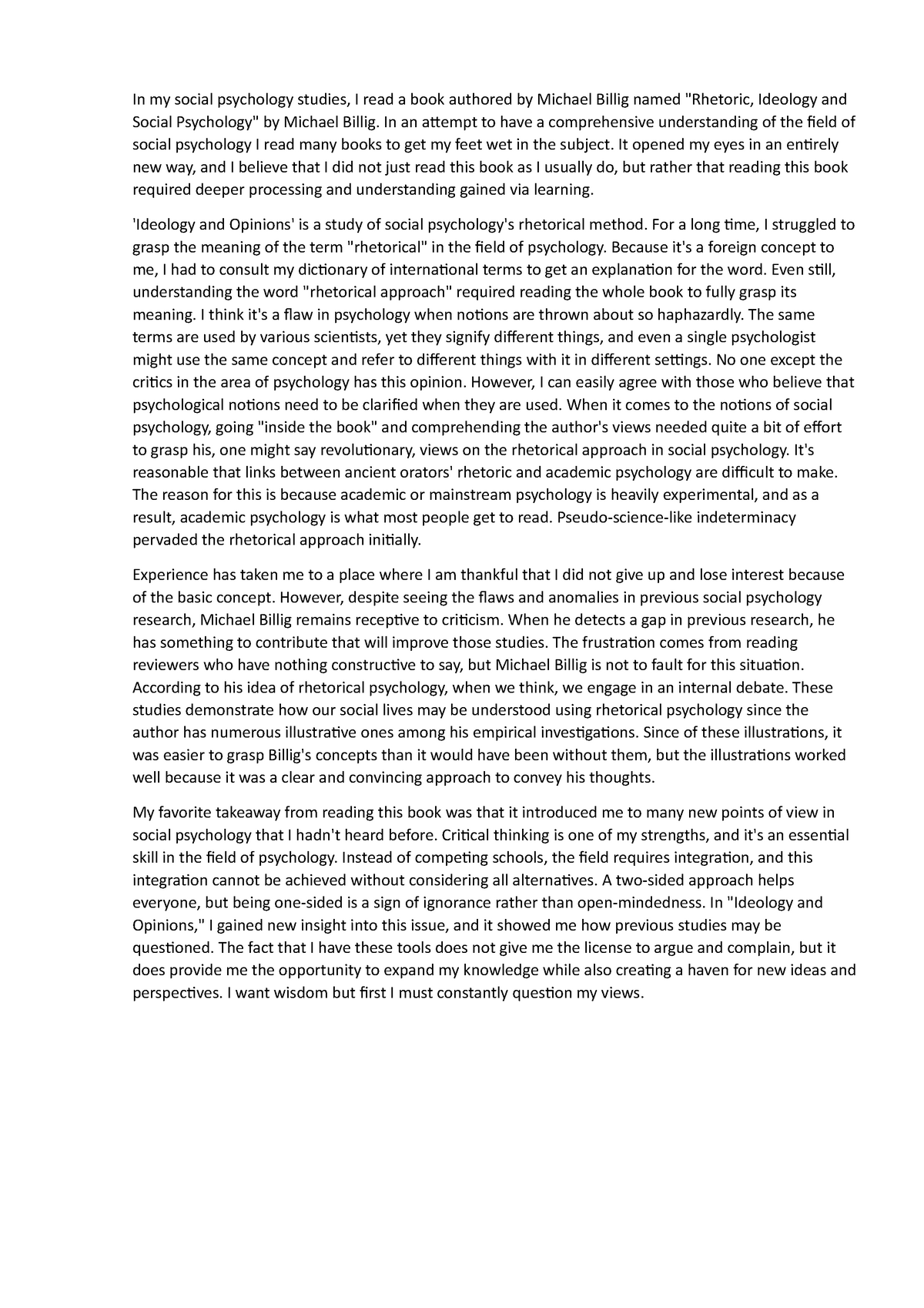 Psychology reaction paper - In my social psychology studies, I read a ...
