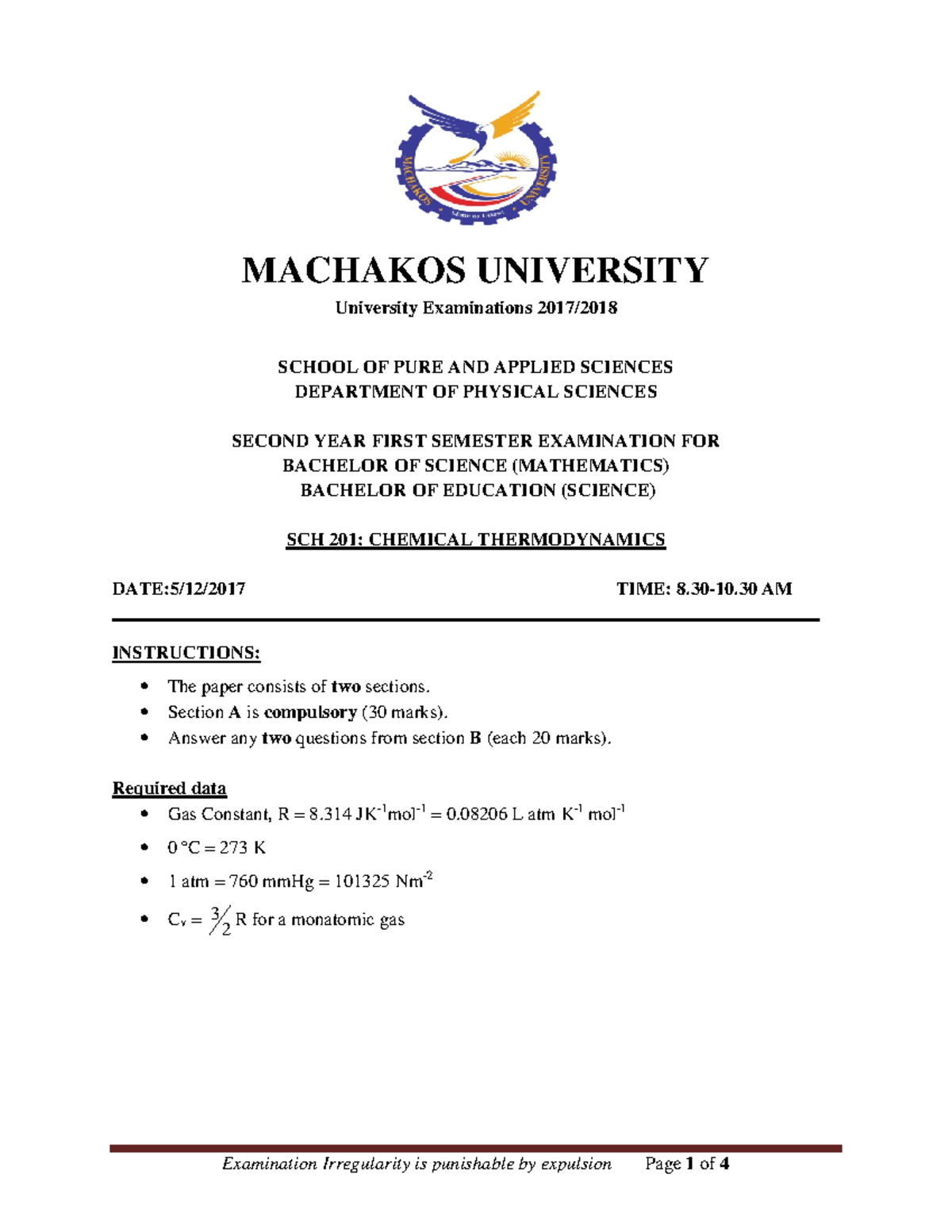 SCH 201 Chemical Thermodynamics 2017 Exam - MACHAKOS UNIVERSITY ...