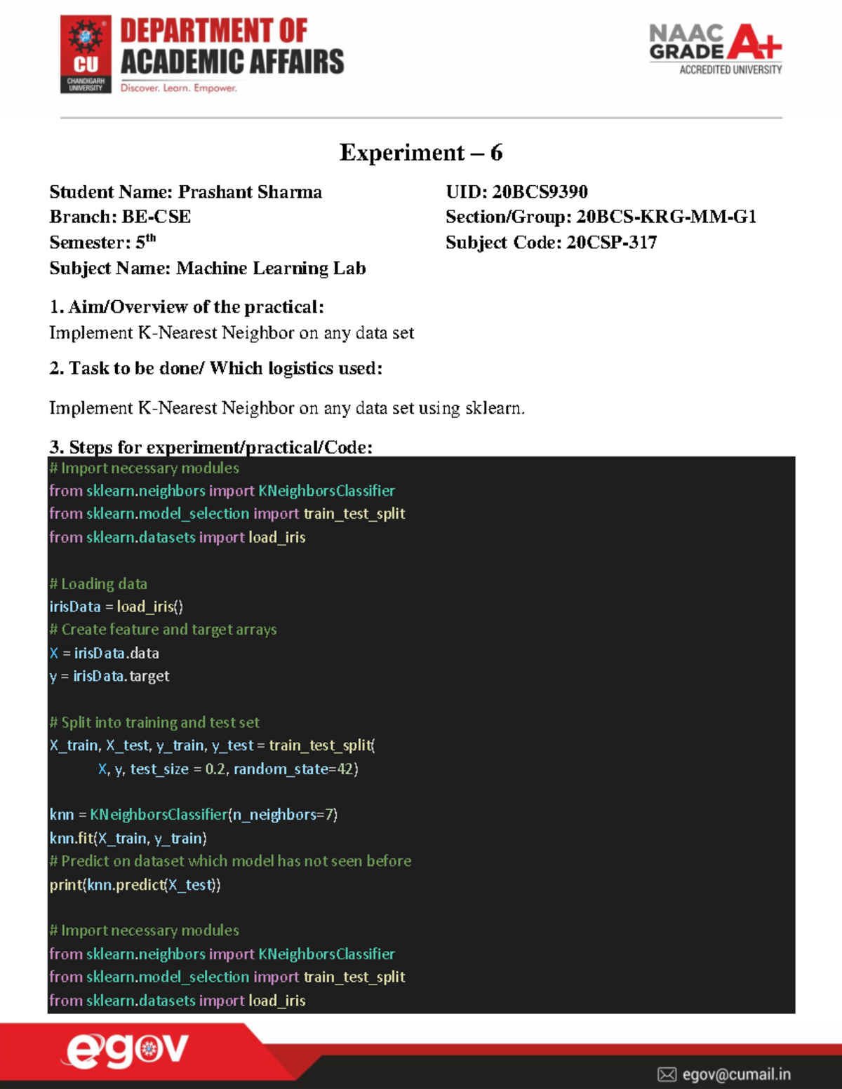 20BCS9390 Prashant Sharma exp 6 - Experiment – 6 Student Name: Prashant ...