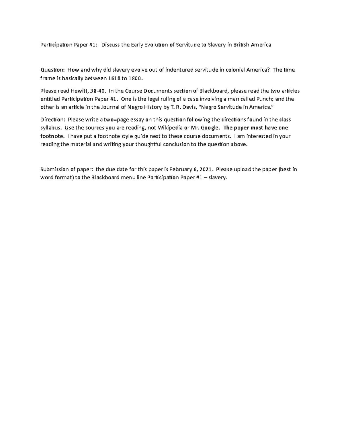 Particiption Paper #1- slavery spring 2021 - Participation Paper #1 ...