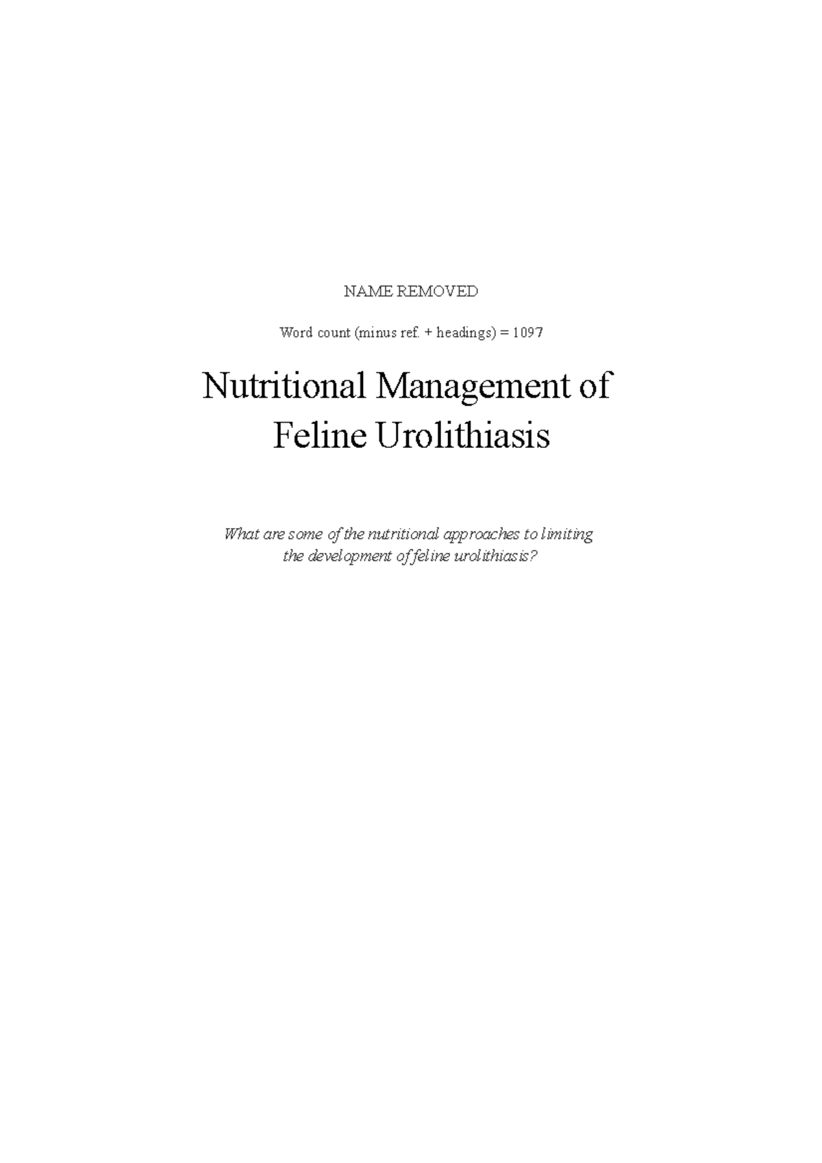 Nutritional Management of Feline Urolithiasis - H1 - NAME REMOVED Word ...
