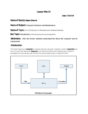 Lecture notes Lesson Computer Hardware and Maintenance Notes - Computer ...