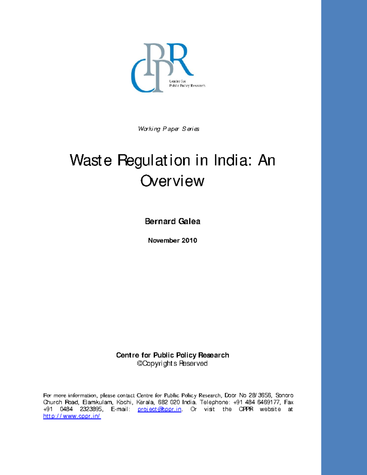 Waste Regulation in India An Overview Bernard Working P aper S eries