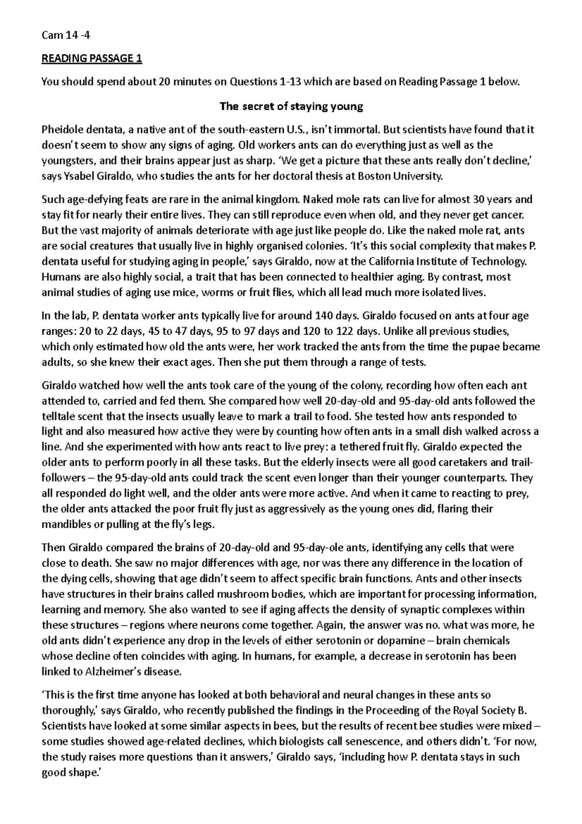 Cam 14-4 - Cambridge 14-test 4 - Cam 14 - READING PASSAGE 1 You should ...