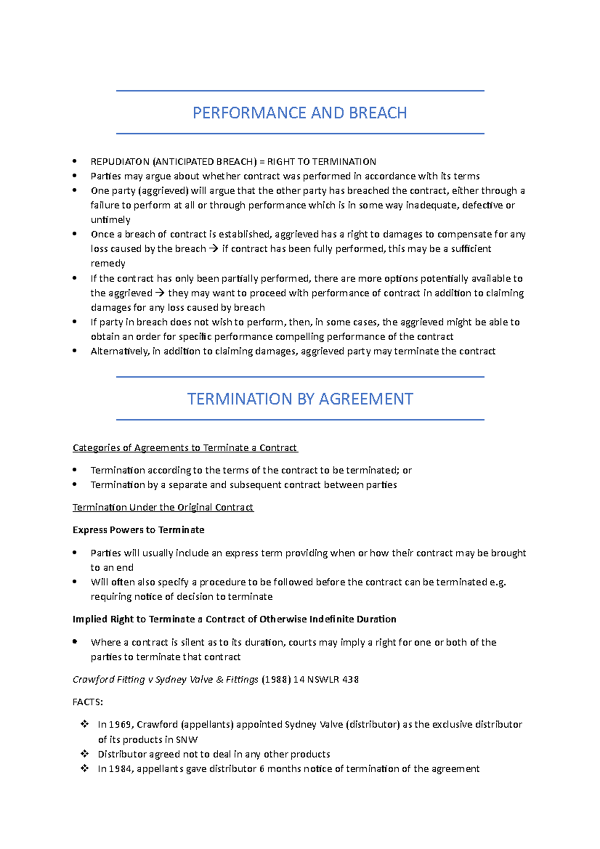 Termination For Breach - PERFORMANCE AND BREACH REPUDIATON (ANTICIPATED ...