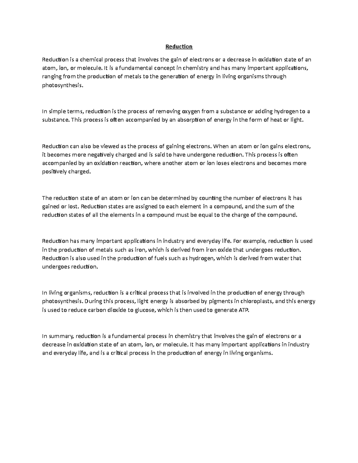 Reduction - Reduction Reduction is a chemical process that involves the ...