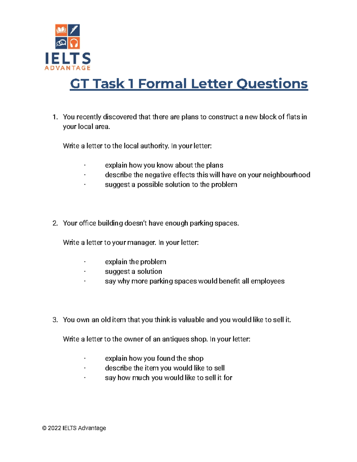 Ielts Advantage GT Task 1 Practice Questions - GT Task 1 Formal Letter ...