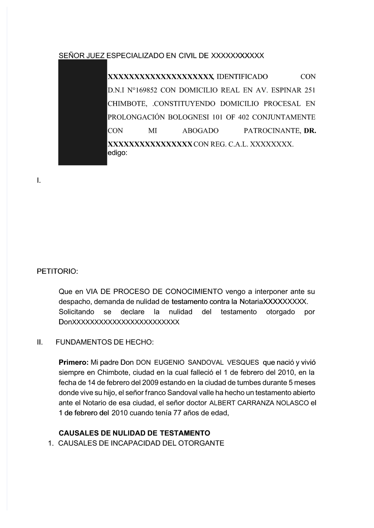 DEMANDA DE NULIDAD DE TESTAMENTO - SEÑOR JUEZ ESPECIALIZADO EN SEÑOR JUEZ  ESPECIALIZADO EN CIVIL DE - Studocu