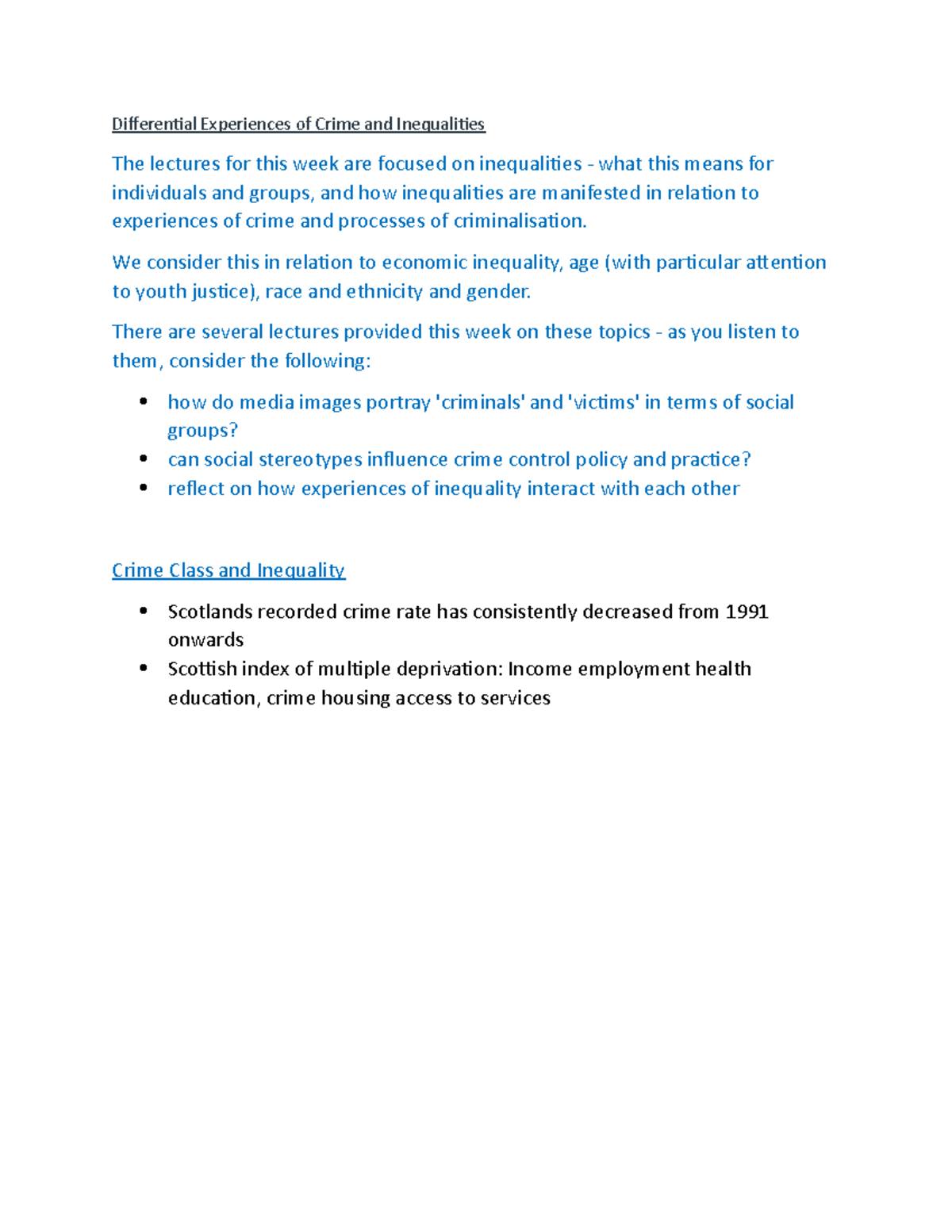 Crime and criminal justice week 3 Differential Experiences of Crime