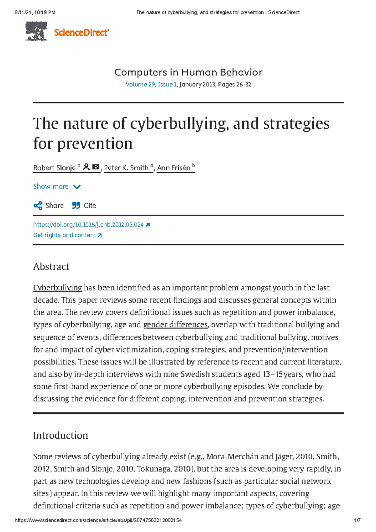 The nature of cyberbullying, and strategies for prevention - Science ...