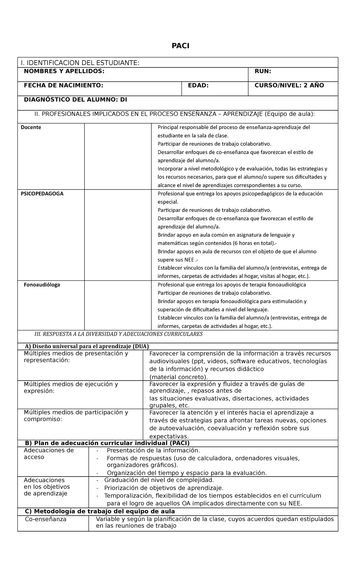 Modelo DE PACI Corregido - PACI I. IDENTIFICACION DEL ESTUDIANTE 