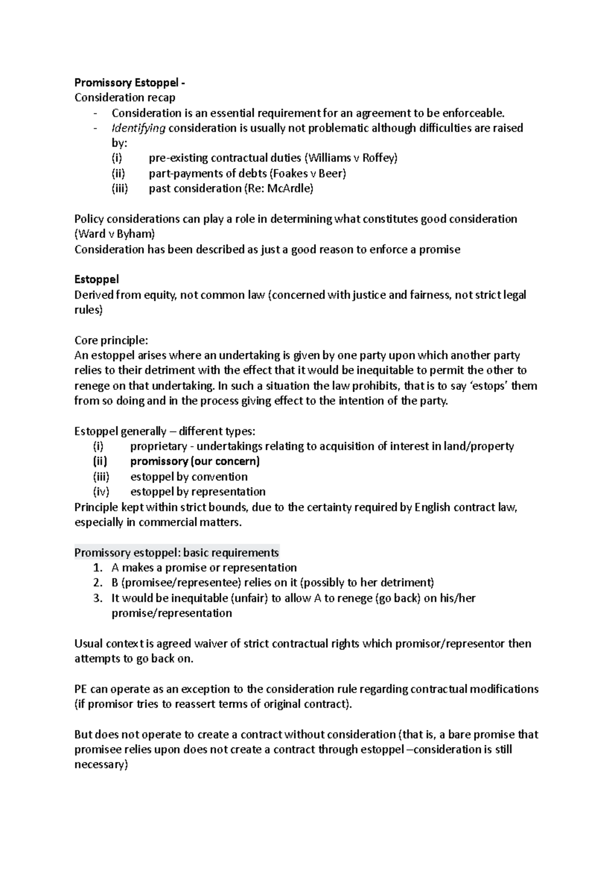 Lec 9 Promissory Estoppel - Promissory Estoppel - Consideration recap ...