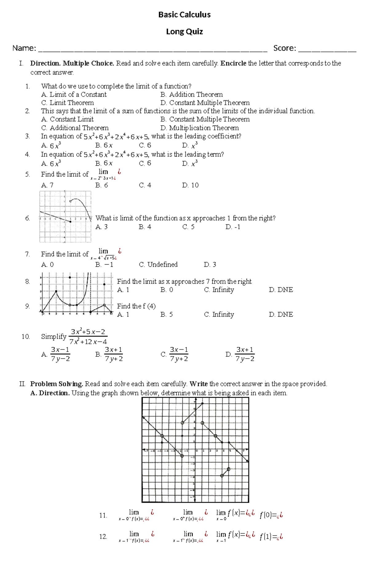 Basic Calculus February 26 - Basic Calculus Long Quiz Name: - Studocu