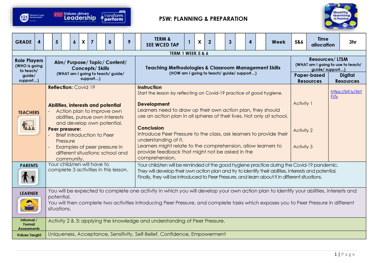 Lesson Plan Gr 6 Life Skills Psw T1 W 5and6 Psw Planning