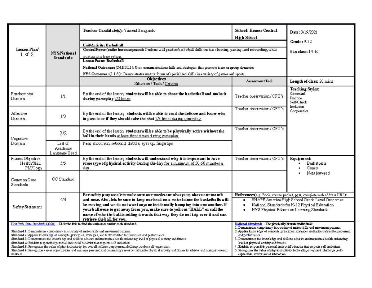 Week 5 student teaching lesson plan - Lesson Plani 1 of 5 NYS/National ...