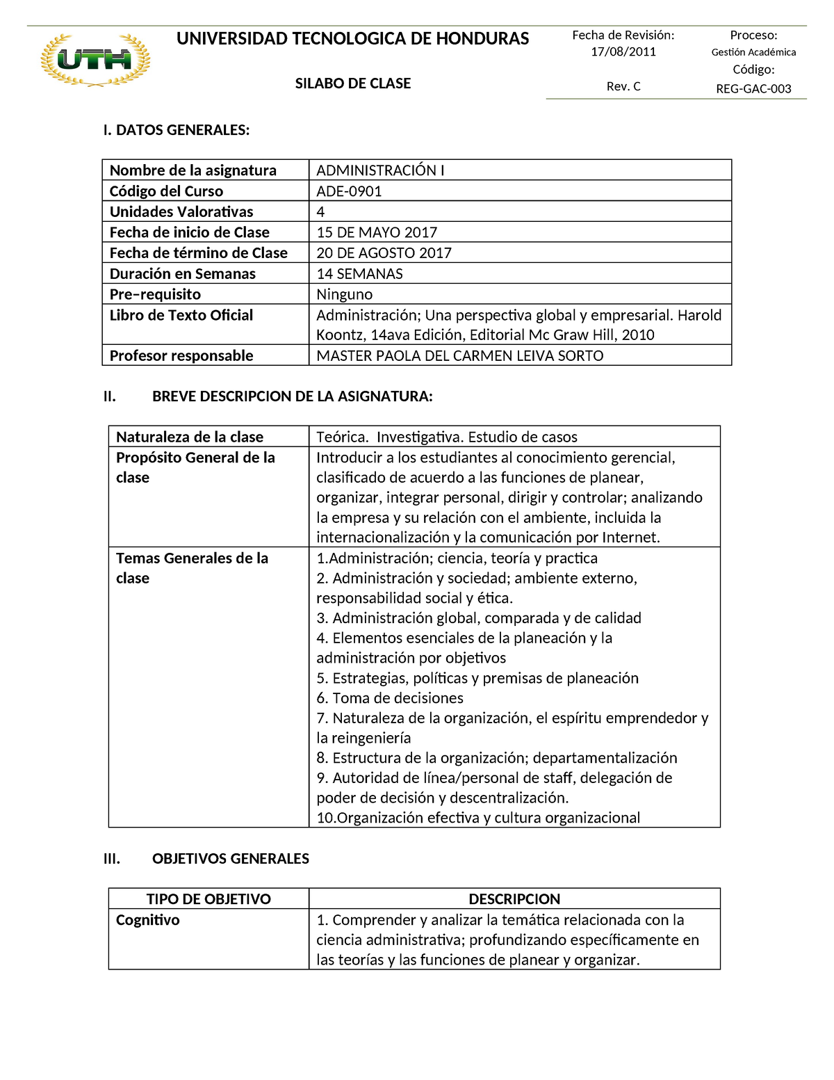 Silabo Administracion I 2C 2017 Presenci - I. DATOS GENERALES: Nombre ...