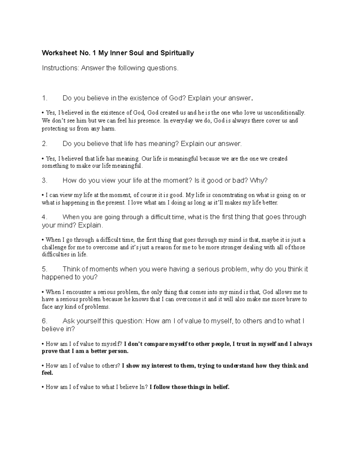 Worksheet No1 - Understanding the self - Worksheet No. 1 My Inner Soul ...