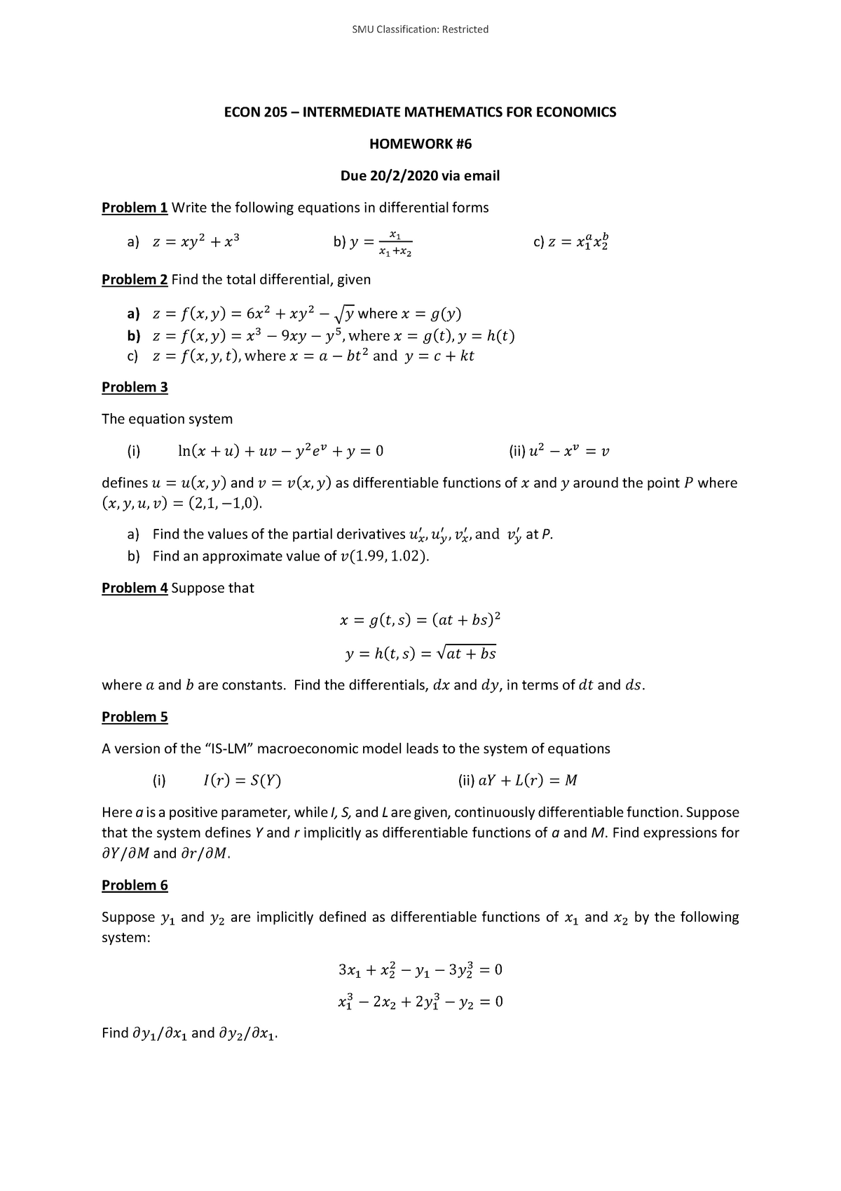 Homework 6 Mathematics For Economics Smu Studocu