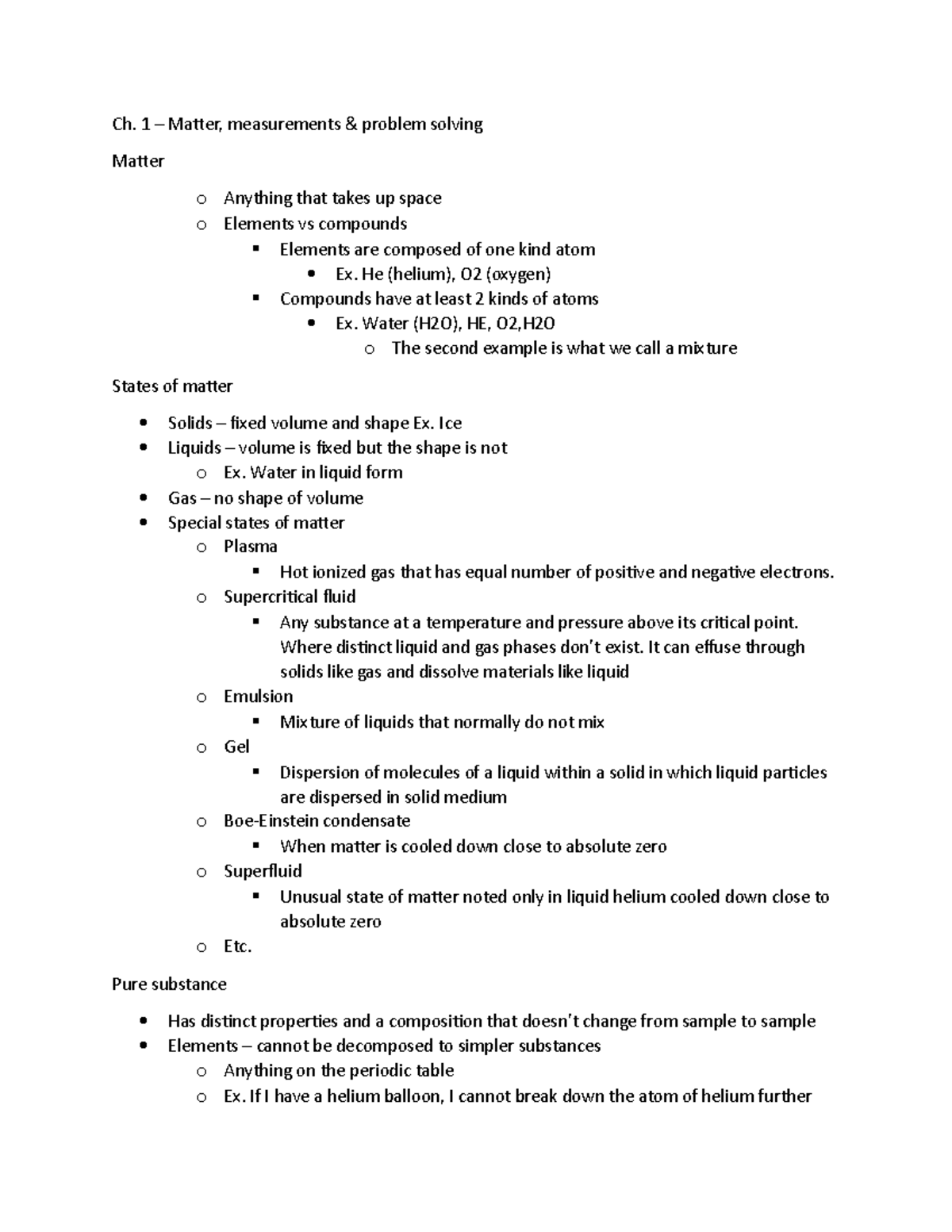 Basics Chemistry Ch. 1 Notes - Summary - Ch. 1 – Matter, measurements ...