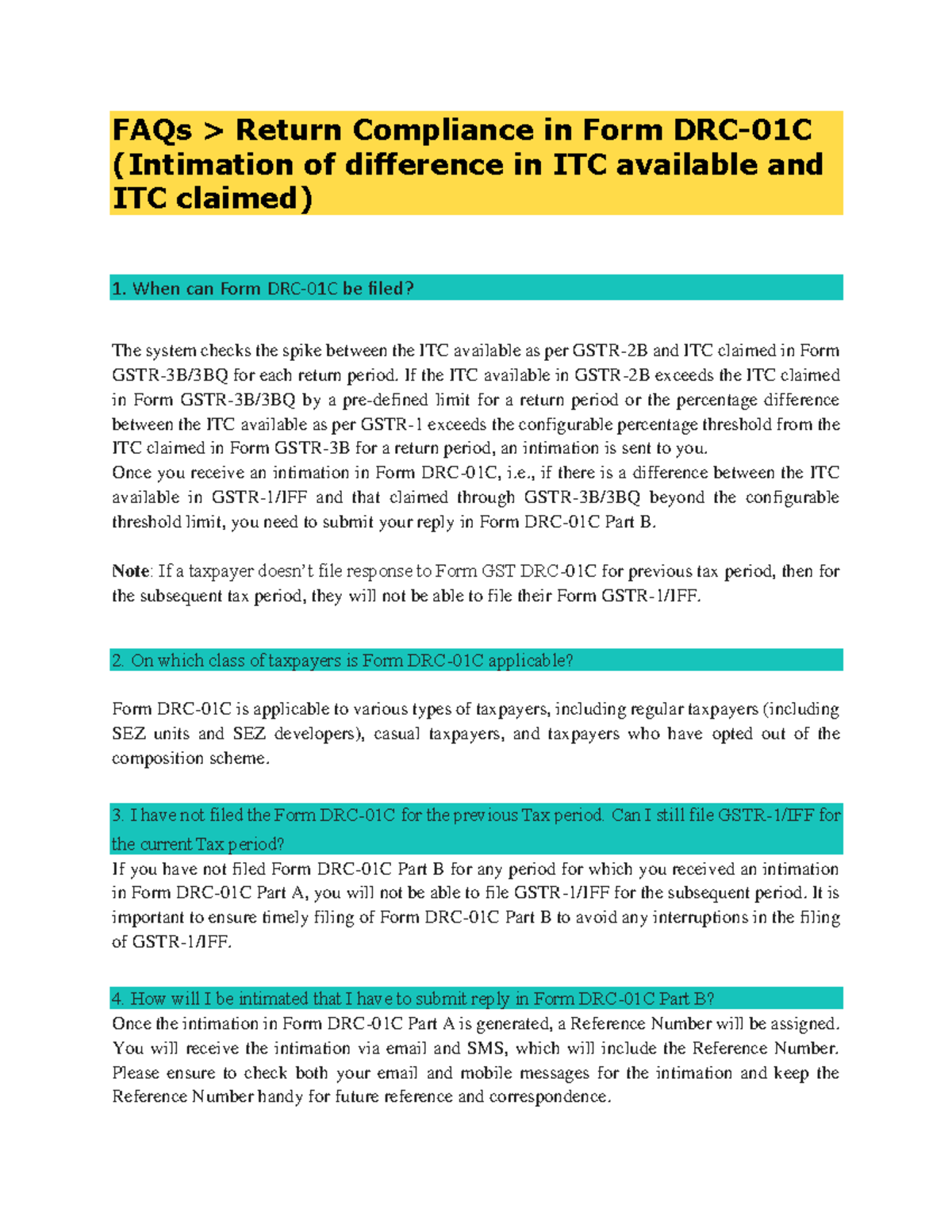 Return Compliance Itc Mismatch Intimation In Form Gst Drc 01c - FAQs ...