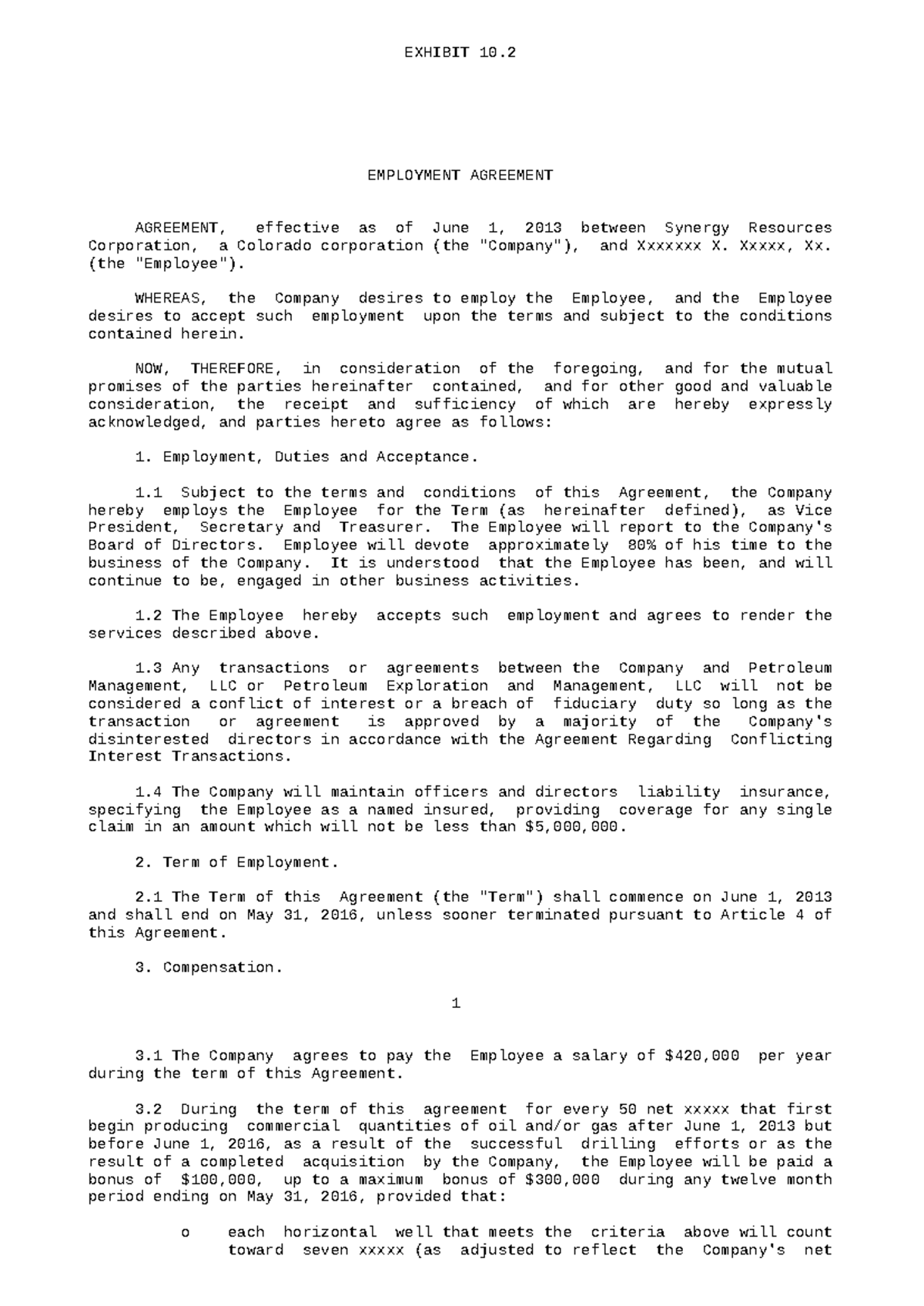 Employee Contract - EXHIBIT 10. EMPLOYMENT AGREEMENT AGREEMENT ...