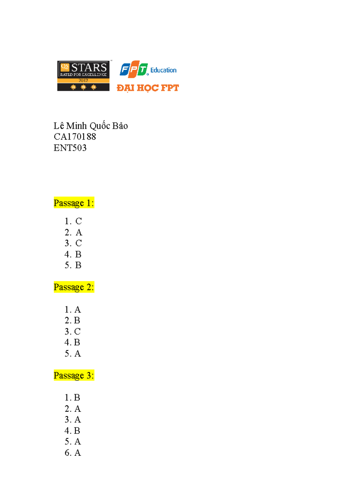 Answer Sheet Summit 2 - ..... - Lê Minh Quốc Bảo CA ENT Passage 1: C A ...